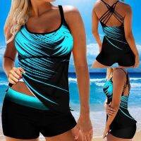 【TAKU Swimsuit】 พิมพ์ลายใบไม้,ชุดว่ายน้ำสไตล์ Tankini พิมพ์ลายสายเดี่ยวเซ็กซี่เปิดหลังไซส์ใหญ่พิเศษไขว้ชุดว่ายน้ำ2ชิ้นสำหรับฤดูร้อน