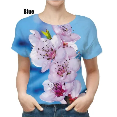 เสื้อยืด3d ลายดอกพีชบลอสซั่มสำหรับผู้หญิงเสื้อยืดแฟชั่นเรียบง่ายลำลองสำหรับฤดูร้อนเสื้อยืดลายดอกไม้ลายกราฟิก