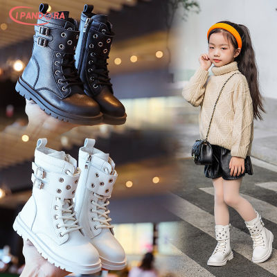 IP Girls Martin Boots เด็กฤดูใบไม้ผลิและฤดูใบไม้ร่วงเกาหลีรองเท้าสั้นกลางและขนาดใหญ่เด็กสไตล์อังกฤษรองเท้าสีดำ