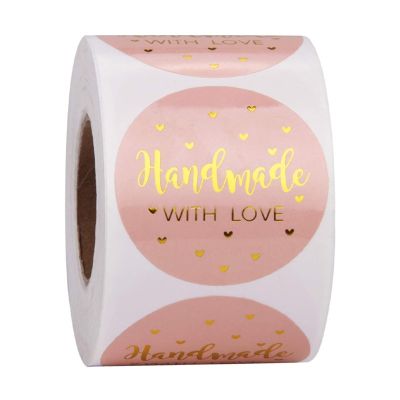 hot！【DT】✕☑  50pcs  Handmade With Love  Paper Stickers 25mm Round Adhesive Labels Baking  wedding decoration party Sticker