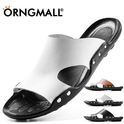 ORNGMALL รองเท้าแตะชายหาดใส่สบายผู้ชายรองเท้าแตะหนังสวมบนรองเท้าลำลองฤดูร้อนระบายอากาศได้กลางแจ้ง
