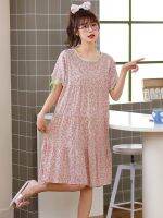 ●﹍✷ Short-sleeved round neck small floral cotton silk nightdress sweet thin long skirt bowknot Japanese artificial cotton loose dress