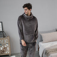 Men Loose Pajamas Two Piece Suit Flannel Homewear Hooded Winter Home Clothes Thick Plus Oversize Sleepwear Nightwear Pijama