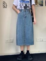 Luck A  Fashion Retro Long Summer Spring Denim Skirts Girls High Waist Button Pockets Split Jeans Straight Maxi Denim Skirts