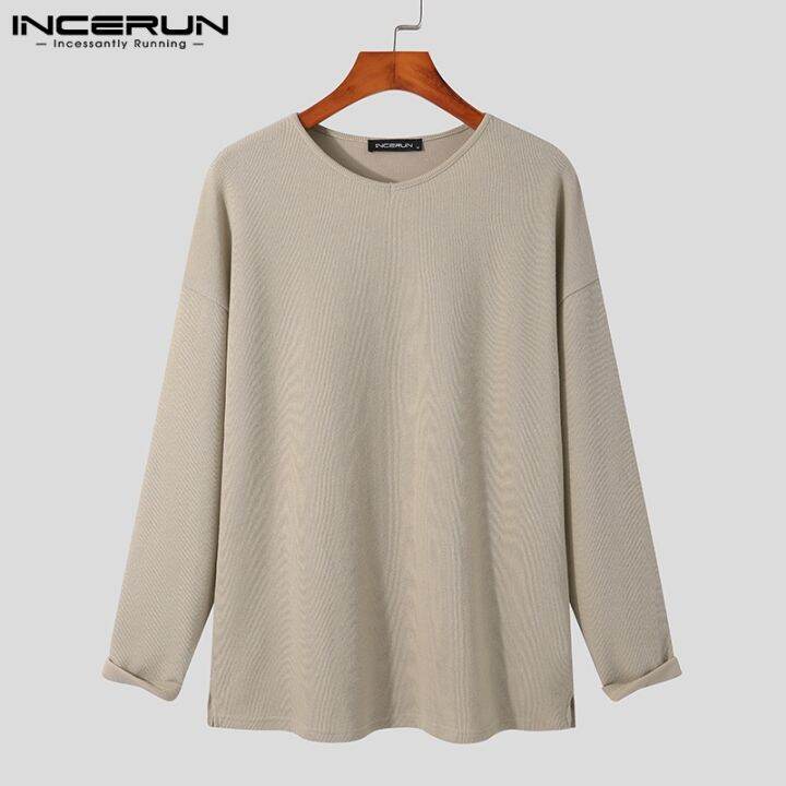 incerun-เสื้อท็อปคอกลมแขนยาวผ้าถักสีพื้นสําหรับผู้ชาย