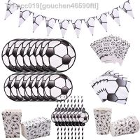 ✌∋✈ 1set Football Theme Party Disposable Tableware Napkin Plates Cups Banner Soccer Pattern Balloon Boy Birthday Party Deco Supplies