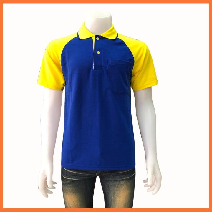 เสื้อโปโลแขนสั้น-polo-shirt-แบบชาย-สีน้ำเงินแขนเหลือง-เนื้อผ้านุ่ม-สวมใส่สบาย-มีบริการส่งเก็บเงินปลายทาง-ส่งทั่วประเทศ