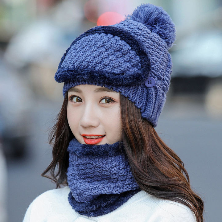 ชุดหน้ากากผ้าพันคอหมวกฤดูหนาวถักหนาหมวกสกีหมวกและผ้าพันคอสำหรับผู้หญิง1ชุด-3ชิ้น-สินค้าต่างประเทศ