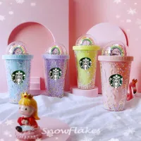 Ryn studio Starbucks แก้วน้ําพลาสติก มีหลอดดูดสองชั้น ลายการ์ตูน สีรุ้ง สําหรับเด็กผู้หญิง 600 มล.