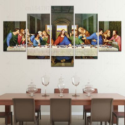 คริสเตียนสุดท้ายอาหารมื้อเย็นภูมิทัศน์โปสเตอร์ผ้าใบจิตรกรรมงานศิลปะตกแต่งผนังห้องความงาม HD พิมพ์5แผง