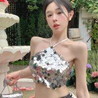 Genuine Uniqlo High-end Hot girl heavy industry blingbling sequined halter strap design beautiful back small vest for women to wear midriff-baring top