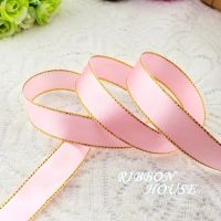 (25 yards/lot) 20mm/25mm/40mm pink Satin ribbon gold edge wholesale high quality gift packaging ribbons