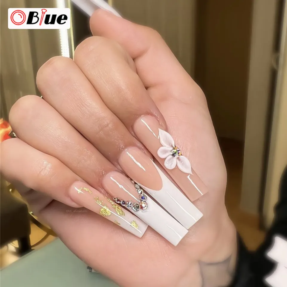 24pcs Gold Foil False Nail French Long Coffin Press on Nails for Nail Art  Salon