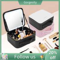 GORGESITY ไฟ LED PU แบบพกพาพร้อม Tas Kosmetik กระจกที่จัดระเบียบเครื่องสำอางกล่องเครื่องสําอางกล่องเก็บเครื่องสำอาง