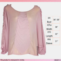 USED - Sheer Pink Ruffle Frill Sleeve Top | เสื้อแขนยาวสีชมพู เสื้อคอปาด เสื้อปีกค้างคาว เสื้อซีทรู ระบาย คอปาด สีพื้น ทำงาน ซีทรู มือสอง