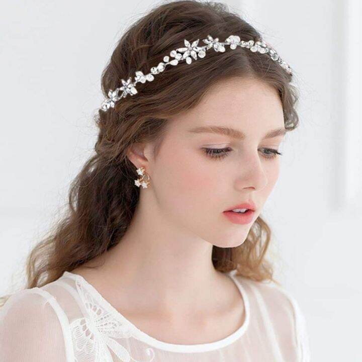 2pcs-girls-headwear-rhinestone-flower-handmade-pearl-hairband-soft-chain-headband-simple-knot-wedding-hair-accessories