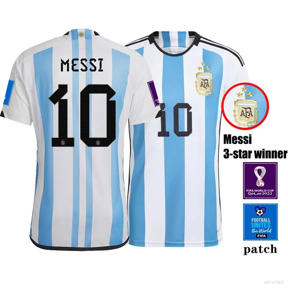 Argentina Home shirt, Messi 10, 2022 World cup jersey with 3 stars,  Champion patches and world cup patches - My Retro Jersey