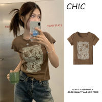 CHIC วินเทจสวยพิมพ์เสื้อยืดแขนสั้น,รัดรูปเสื้อผู้หญิง JM5E0