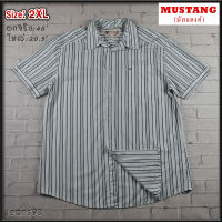 MUSTANG®แท้ อกจริง 46 ไซส์ 2XL เสื้อเชิ้ตผู้ชายมัสแตงค์ แขนสั้น สีฟ้าขาว ลายแนวตั้ง มีกระเป๋าที่อก