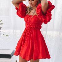 【Ladies shop】 Thorn Tree WomenShort Puff SleeveDress Sexy Off Shoulder PartyNeckHigh Waist BeachVestidos