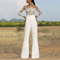 Quality 2 Piece Set Women Tops And Pants Fashion Elegant Embroidered Mesh Tulle T-shirts Flare Pants Long Trousers White