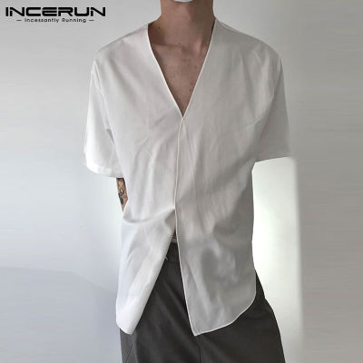 INCERUN เสื้อยืดแขนสั้นบุรุษเสื้อคอวีทรงหลวมเสื้อยืดชุดชายหาดสำหรับวันหยุด (สไตล์เกาหลี)