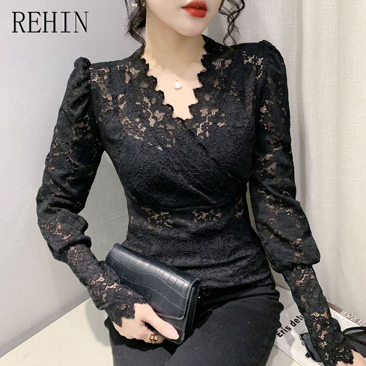 rehin-2023เสื้อผู้หญิงคอวีแขนยาว-มาใหม่ล่าสุดเสื้อยืดลูกไม้แฟชั่นฉบับภาษาเกาหลีบางเหมาะกับฤดูใบไม้ร่วงเสื้อเชิ้ตสีพื้น