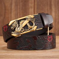 Male Genuine Leather Belts Casual Ratchet Belt with Automatic Buckle Luxury Design Dragon Pattern Belts for Business Men Strap Belts