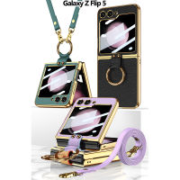 Flip5 Case Samsung Galaxy Z  Ring Leather PU &amp; Shoulder Strap Backpack เคสหนังPU แหวน +สายสะพาย จอมีกระจก (THพร้อมส่ง ในไทย)