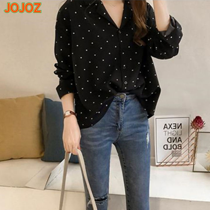 women-long-sleeves-lapel-t-shirt-casual-loose-polka-dot-tunic-tops-single-breasted-cardigan-chiffon-blouse