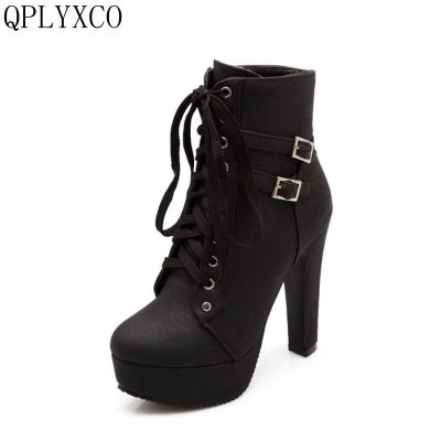 QPLYXCO 2017 New Super Big amp;small Size 30-50 Autumn Winter Ankle Boots shoes Women 39;s short Boots lace up High Heel(12CM) C-3