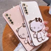Folding Makeup Mirror Phone Case For OPPO Realme XT Realme K5  Case Fashion Cartoon Cute Cat Multifunctional Bracket Plating TPU Soft Cover Casing