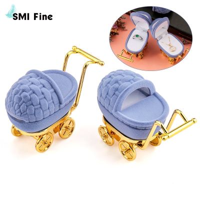 1 Piece of Blue Baby Carriage Velvet Jewelry Box Wedding Ring Box Gift Box Fixed Box Earrings Necklace celet Display Box