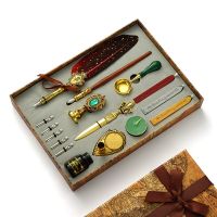 Retro Calligraphy Quill Feather Dip Pen with Nibs Wax Seal Stamp Holder Gift Box Stationery School Supplies  Pens