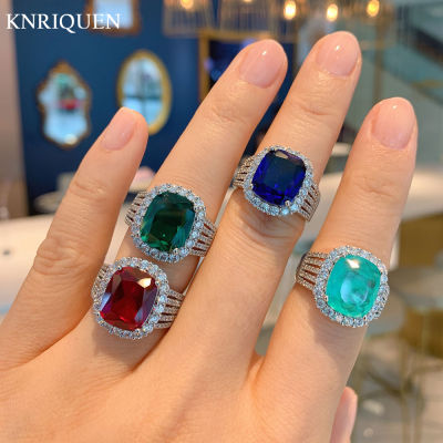 Luxury 925 Sterling Silver 10*12mm Paraiba Tourmaline Emerald Ruby Sapphire Rings for Women Lab Diamond Party Wedding Fine Jewel