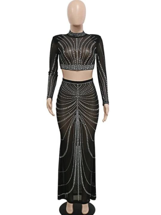 Kricesseen Sexy Black Shine Rhinestone Crystal Sheer Skirt Set New Women Long Sleeve Top And 