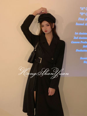 HengShanYuan ชุดสูทยาวสีดำ,ชุดเดรสเข้ารูปเอวกระโปรงคอเสื้อใหม่ปี2023