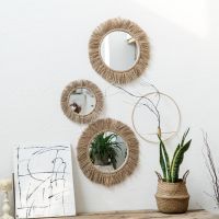 【hot】☼  Woven hemp mirror RETRO art circular handmade homestay living room decoration coffee shop boho decor