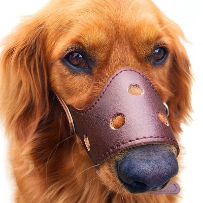 ตะกร้อครอบปากสุนัขสัตว์เลี้ยงหนัง PU ระบายอากาศได้ปรับได้ป้องกันการเห่ากัดเคี้ยวความปลอดภัยสำหรับสุนัขขนาดใหญ่เล็กปาก E11443ฝึกที่นุ่มนวล