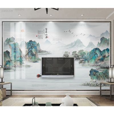 Fuchun Mountain Residence new Chinese hand painted water ink landscape wallpaper living room TV background wall decoration mural