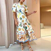 【YF】 Fashion Graffiti Printing Slim Fit Versatile Dress For Women Elegant Puff Sleeve Lady Long Casual O-Neck Boho Beach