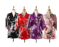 【LZ】☬❁✇  Roupa de dormir feminina estampa de pavão japonesa yukata seda cetim curto estilo pijama camisola para casa traje de banho