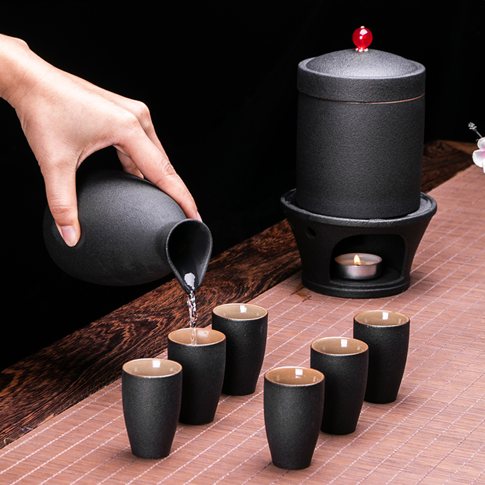 N / A Japanese Sake Set Ceramic Sake Set with Pottery Hot Saki Set 6-Piece 1 Warm Wine Jug Matte Texture Cups 1 Sake Bottle and 4 Cups 