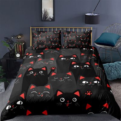 แมวดำ,ปลอกผ้านวมมีหูสีแดง,เครื่องนอนการ์ตูน,เครื่องนอนพิมพ์ลายและปลอกหมอน,เตียงเด็กน่ารักในขนาดผ้าปูที่นอน