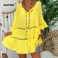 Hollow Out Ruffle Cotton Linen Plus Size Dress V Neck Flared Sleeves Loose Irregular Dress New Women Spring Autumn Beach Dresses