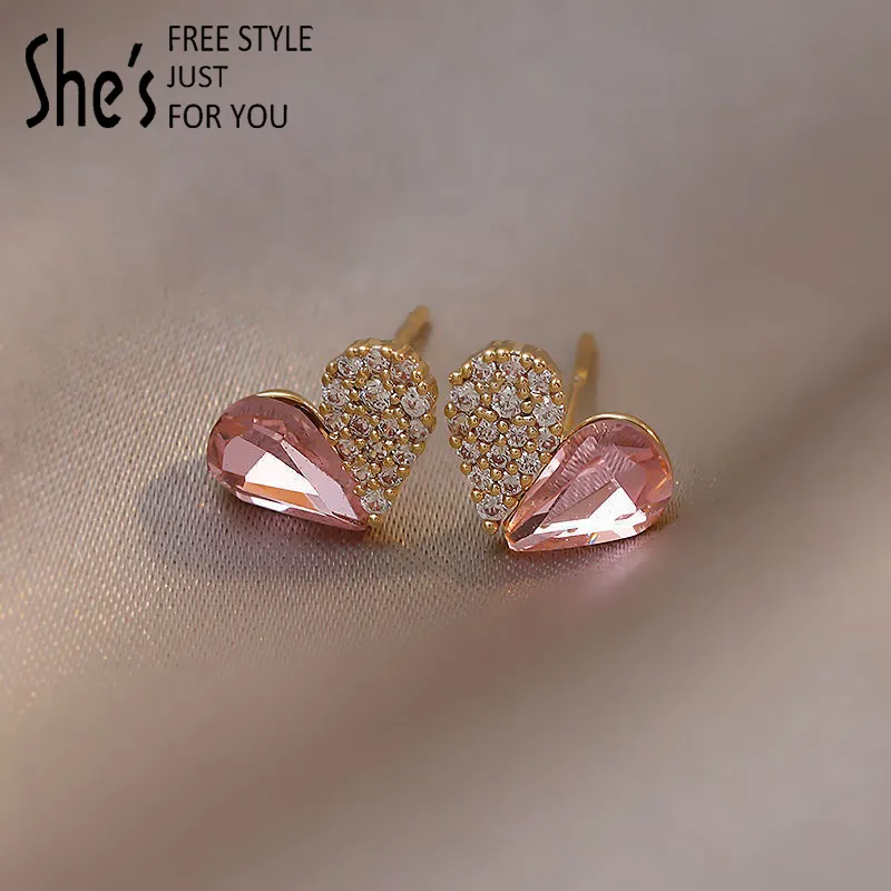 Shes Eris28 Little Peach Heart Half Pink Diamond Love Earrings C Tide Temperament Earrings Female Ins Simple And Exquisite Earrings Lazada Ph