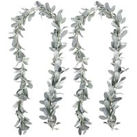 2 Pcs Artificial Flocked Lambs Ear Garland - 6Ft/Piece Soft Faux Vine Greenery and Leaves for Framhouse Mantle Decor