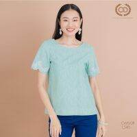 ลดพิเศษ 50% ( พร้อมส่ง )C&amp;D Cotton Blouse เสื้อเบลาส์ ผ้าคอตตอน สีเขียว แต่งลายปักดอกไม้ ช่วงแขน ซี แอนด์ ดี (CWISGR)