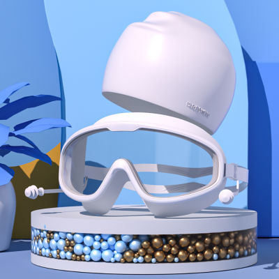 Single blasting-แว่นตาว่ายน้ำ +หมวกว่ายน้ำซิลิโคน HD กันน้ำและกันฝ้า แว่นตาดำน้ำกรอบใหญ่ ชุดหมวกว่ายน้ำ หมวกว่ายน้ำมืออาชีพกันน้ำ