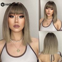 HAIRCUBE Short Ombre Ash Brown Blonde Straight Hair Wigs with Bangs Synthetic Wigs for Women Cosplay Heat Resistant Natural Wigs